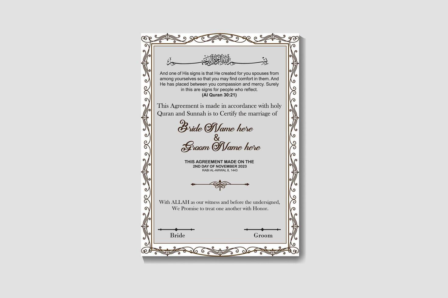 Luxury Islamic A4 Size Nikkah Certificate Template Design vector