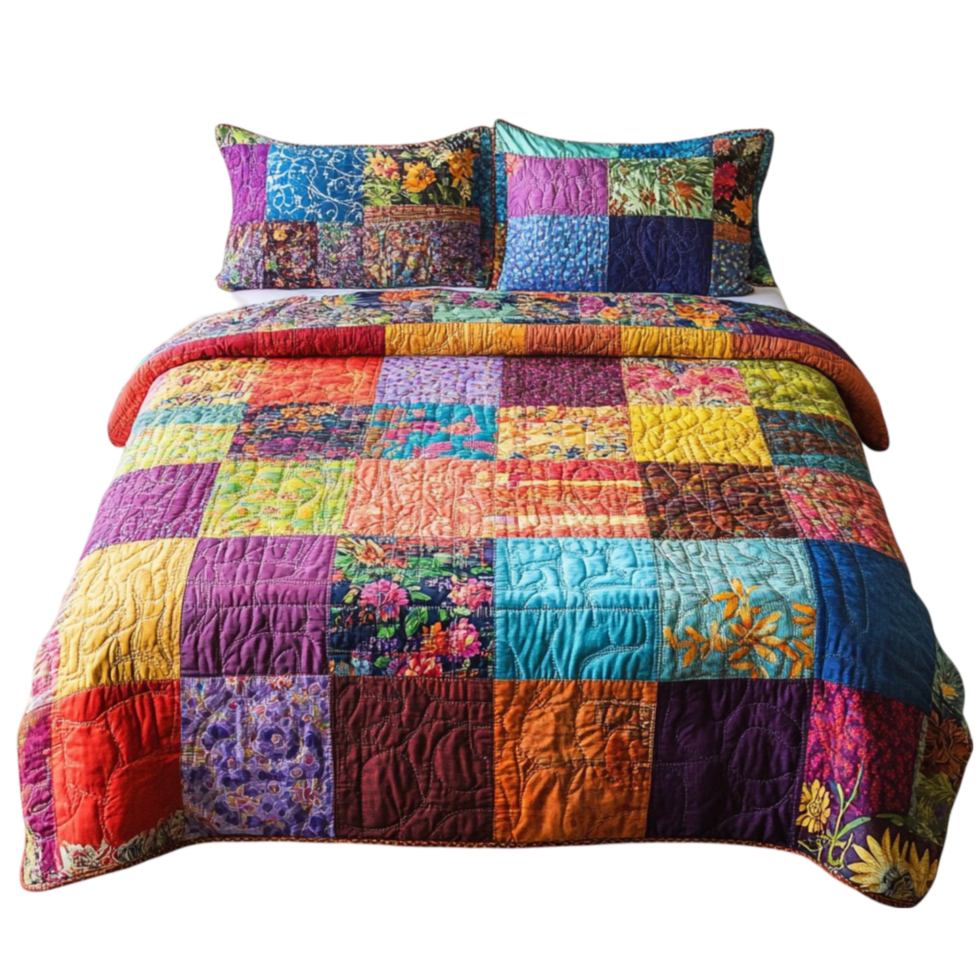 a colorful quilt with a patchwork design png