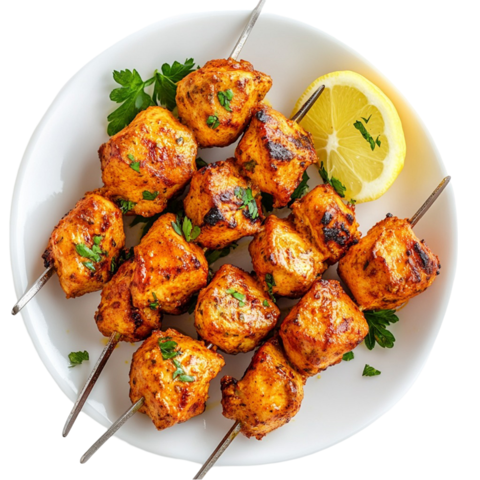chicken kebab skewers on a plate png