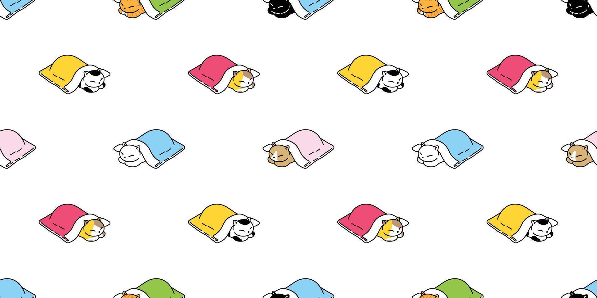cat seamless pattern calico kitten sleeping blanket neko breed character cartoon pet repeat wallpaper tile background animal doodle illustration scarf isolated design vector