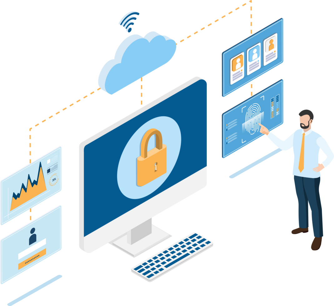 Business data protection and network security isometric design concept with people log in to the computer to Access information by using fingerprint. png