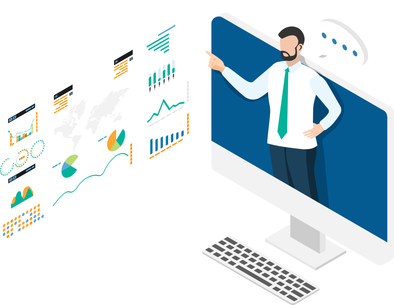 Businessman on computer screen presenting a webinar, seminar and data analysis meeting png