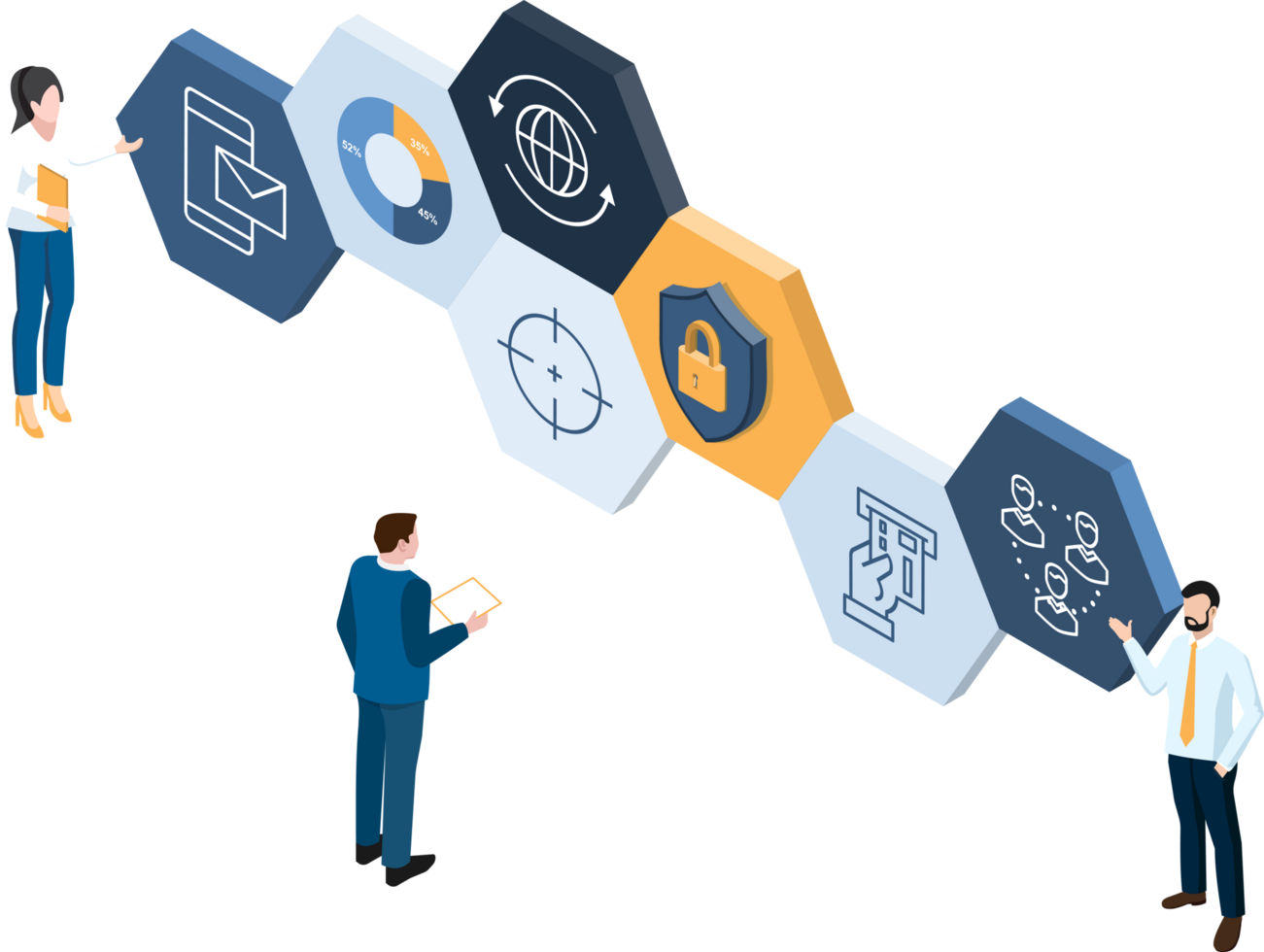 Business person analyzing data security and data protection with a team, symbolizing success and teamwork in finance and technology. png