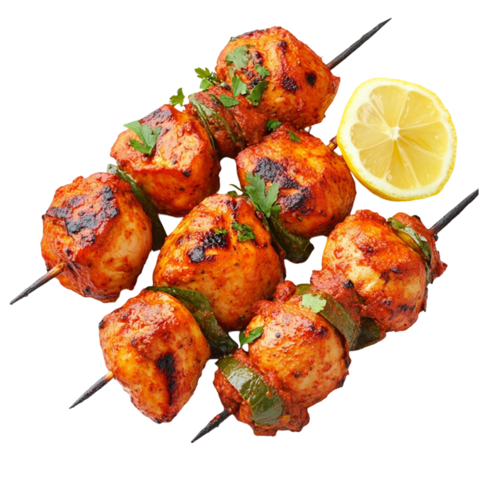 chicken kebab on skewers with lemon and herbs png