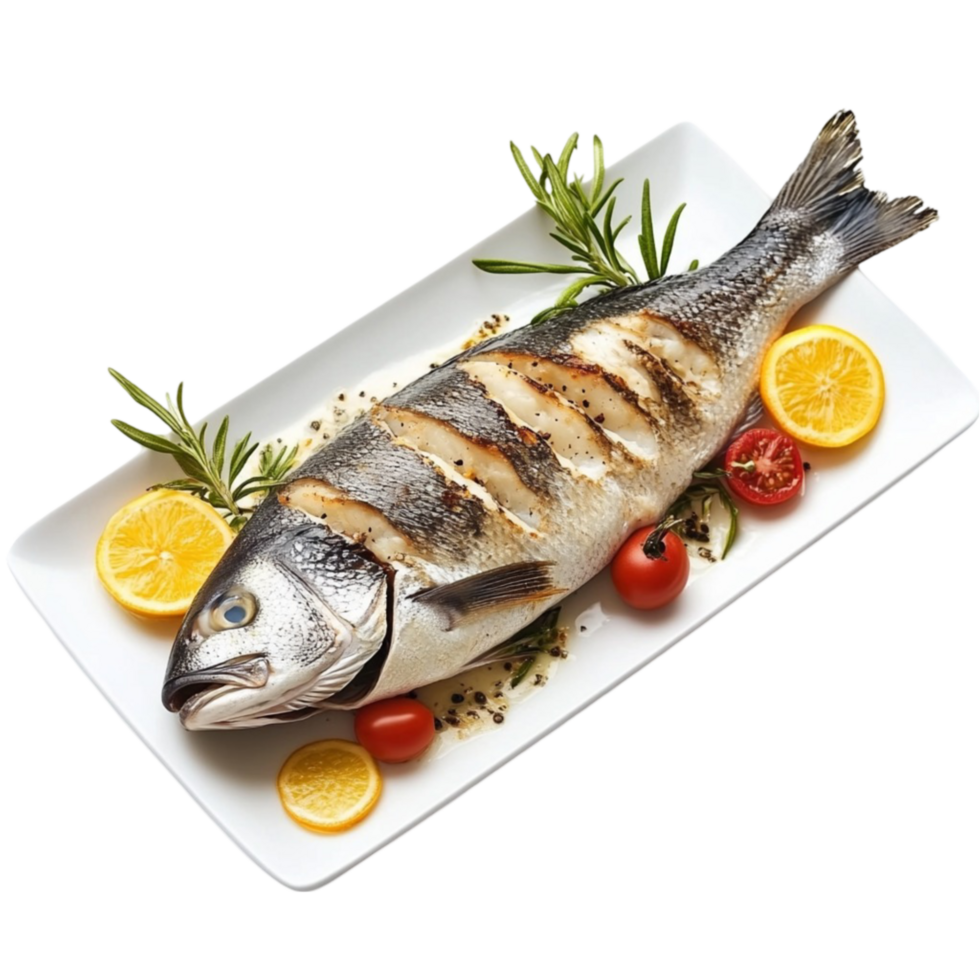 grilled fish on a plate with tomatoes and herbs png