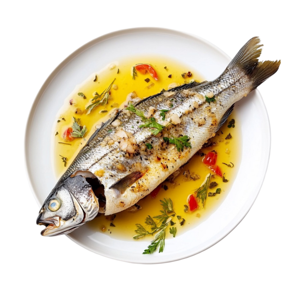 a fish on a plate with sauce and herbs png