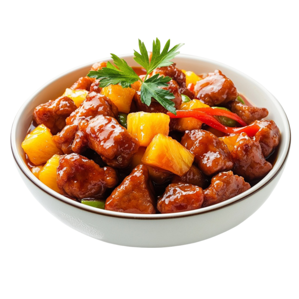 chinese food with pineapple and meat in a bowl png