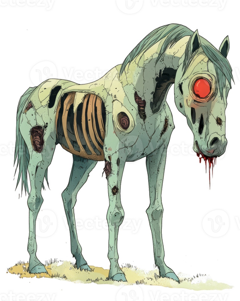 Zombie horse - A cartoonish zombie horse with pale, decaying skin, exposed ribs, and a gaping mouth dripping with blood. It has a hollow eye socket and a vacant, eerie expression. png