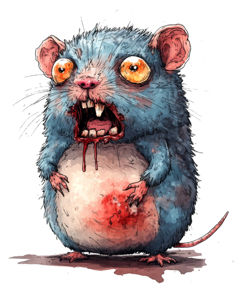Zombie hamster - A cartoonish zombie hamster with bulging yellow eyes, scruffy blue fur, and blood-stained mouth and claws. It has a horrified expression and an unsettling, open mouth. png