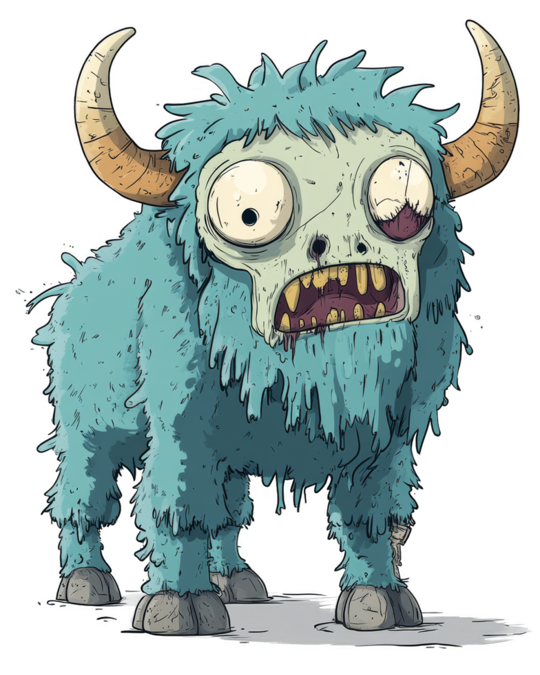 Zombie yak - A cartoonish zombie yak with messy blue fur, large curved horns, and bulging eyes. It has an open mouth showing decayed teeth and a missing eye, standing awkwardly. png