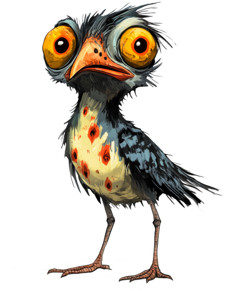 Zombie quail - A cartoonish quail with bulging yellow eyes. It has scruffy black and white feathers, a bright orange beak, and red spots on its chest, standing on thin legs. png