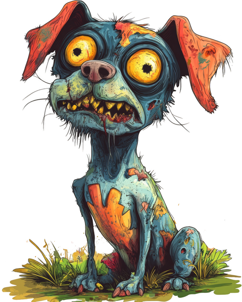 Zombie dog - Bulging yellow eyes, disheveled fur, and sharp, jagged teeth. It has tattered ears, patches of missing fur, and a crazed expression, sitting among colorful flowers. png