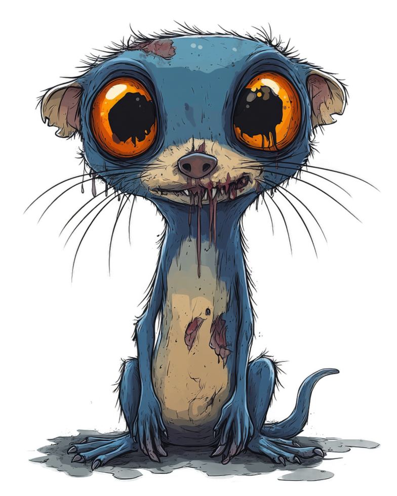 Zombie ferret - A cartoonish zombie ferret with large, orange eyes and blue fur. It has a sad expression, blood dripping from its mouth, and wounds on its body, with long, thin whiskers. png