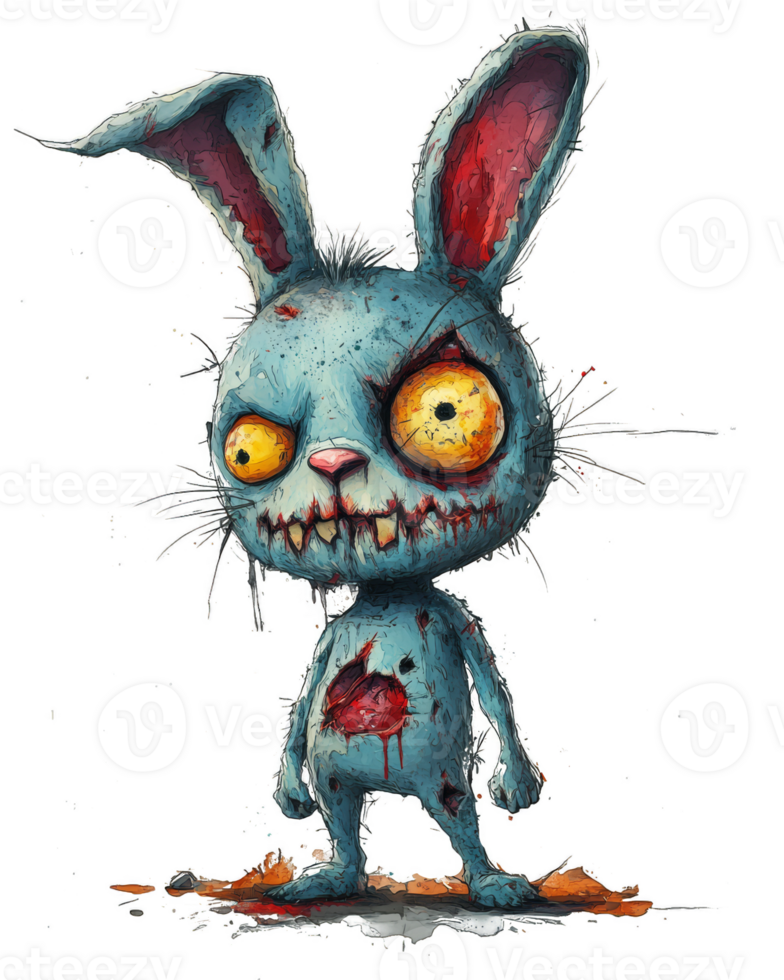 Zombie rabbit - A cartoonish zombie rabbit with bulging yellow eyes, tattered blue fur, and a wide, stitched grin. It has bloody wounds and torn ears, standing with a creepy expression. png