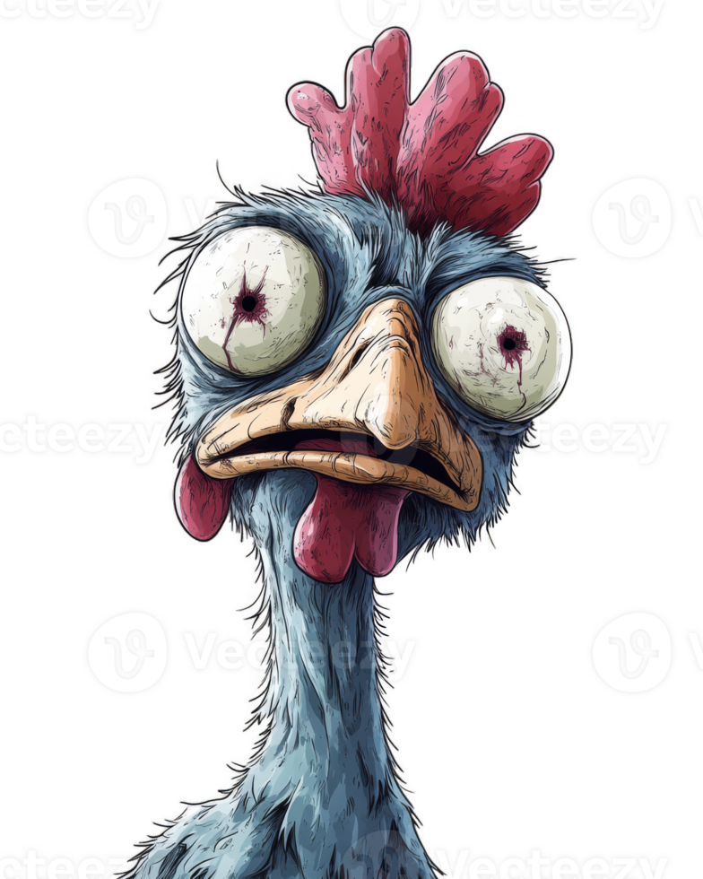 Zombie chicken - A cartoonish zombie chicken with bulging, bloodshot eyes, a drooping red comb, and scruffy blue feathers. It has a dazed expression, large beak, and tattered appearance. png