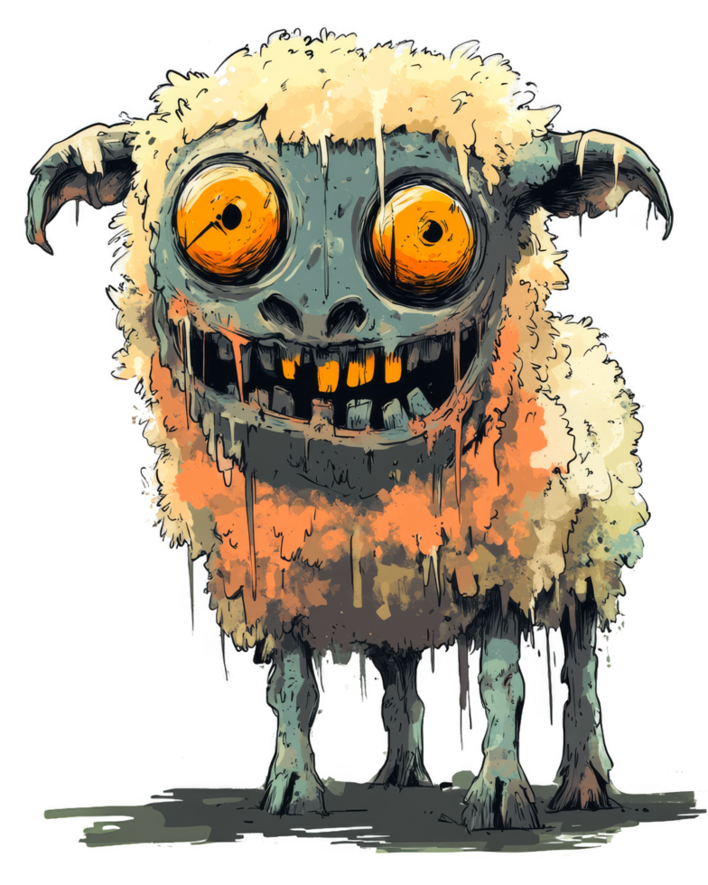 Zombie sheep - A cartoonish zombie sheep with bulging orange eyes and a wide, creepy grin revealing jagged teeth. It has tattered wool, a decaying face, and an eerie, deranged expression. png