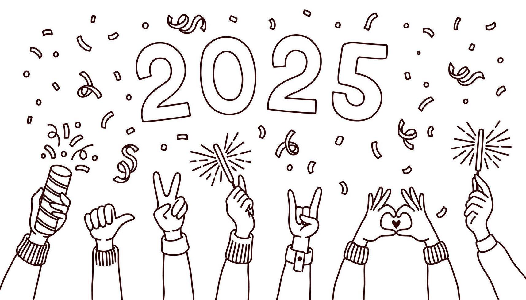 Doodle style 2025 New Year and Christmas Banner with hands. Happy new Year and Merry Christmas Hand Drawn Doodle Elements vector