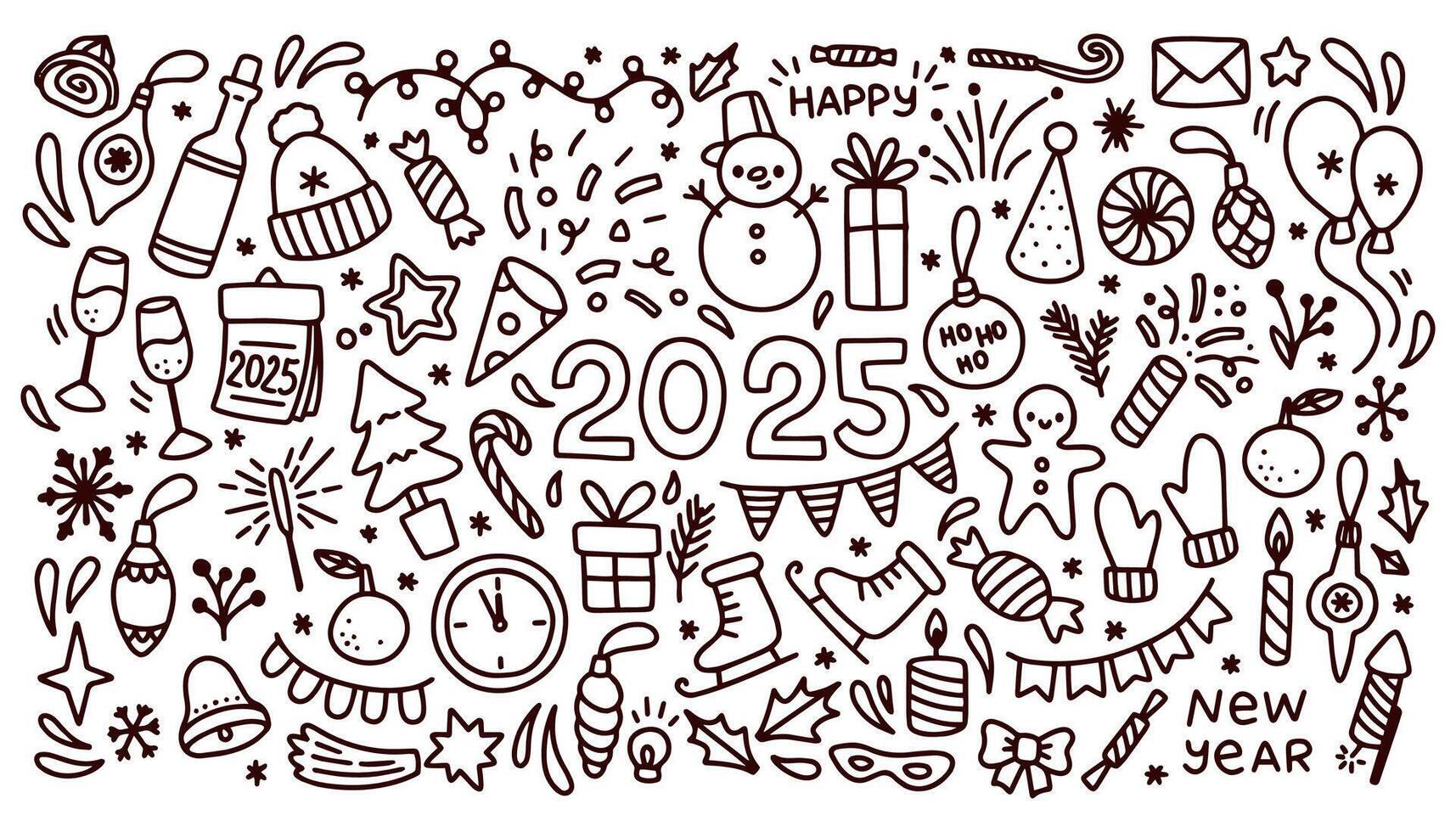 Happy New Year 2025 Doodle Elements Set New Year Party Elements Doodle Happy New Year 2025 Doodle Elements Set New Year Party Elements Doodle In Black Isolated On White Background Vector