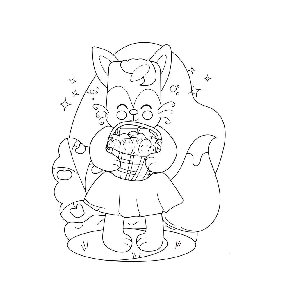 Childrens drawings coloring page. A fox character with oversized ears and a joyful expression stands in a vibrant garden vector