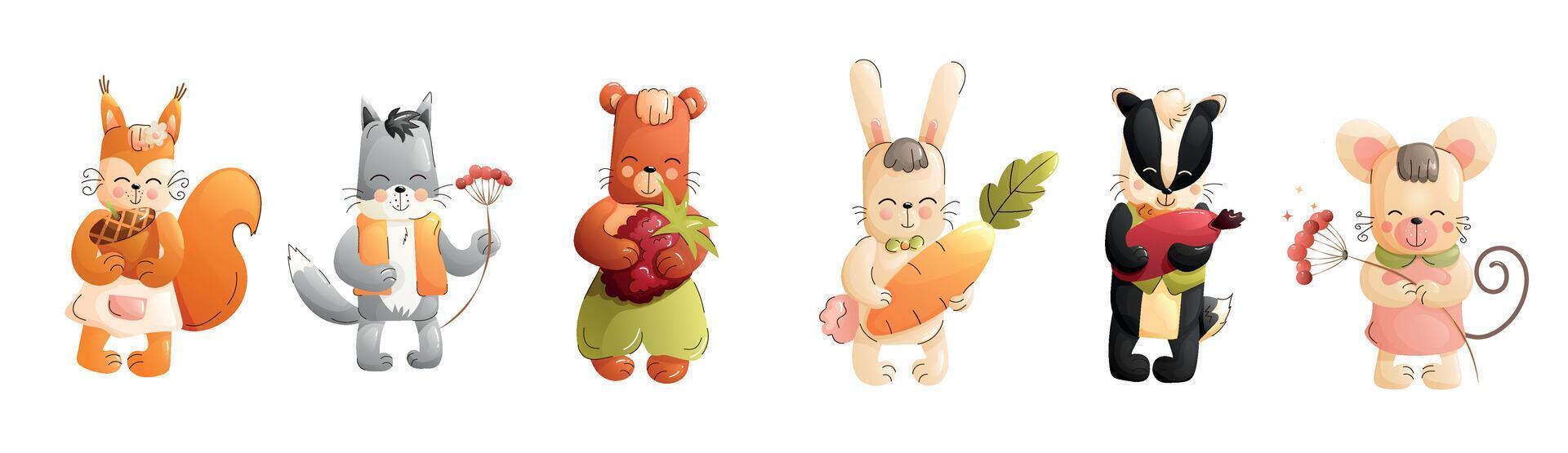 Children cute animals isolated on white background. Forest animals characters. . vector