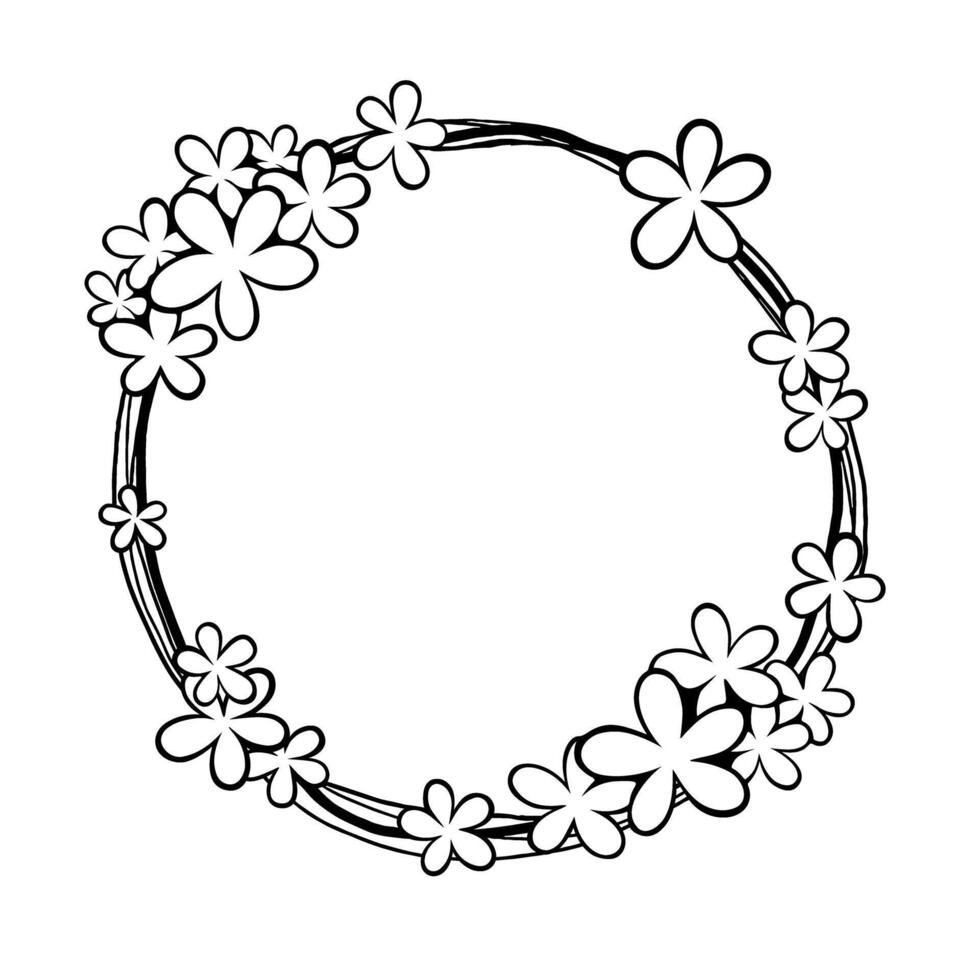 Black line Cute Flowers on Circle Shape Frame. Illustration for decorate logo, text, wedding, greeting cards and any design. vector