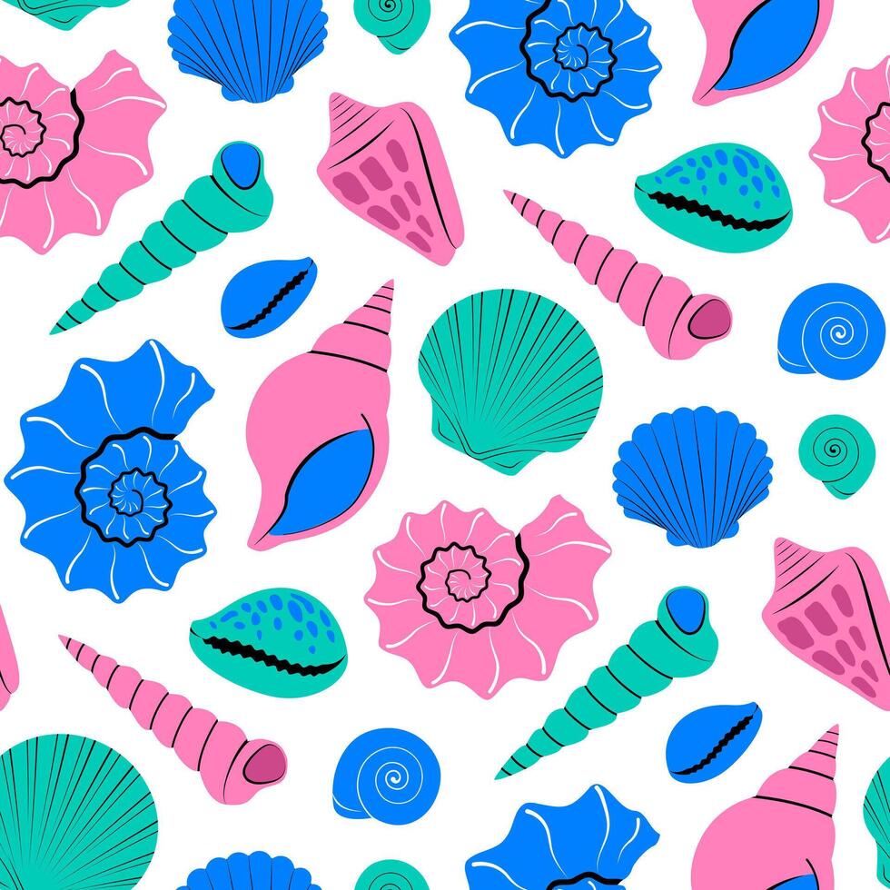 Sea shells seamless pattern on white background in trendy flat style vector
