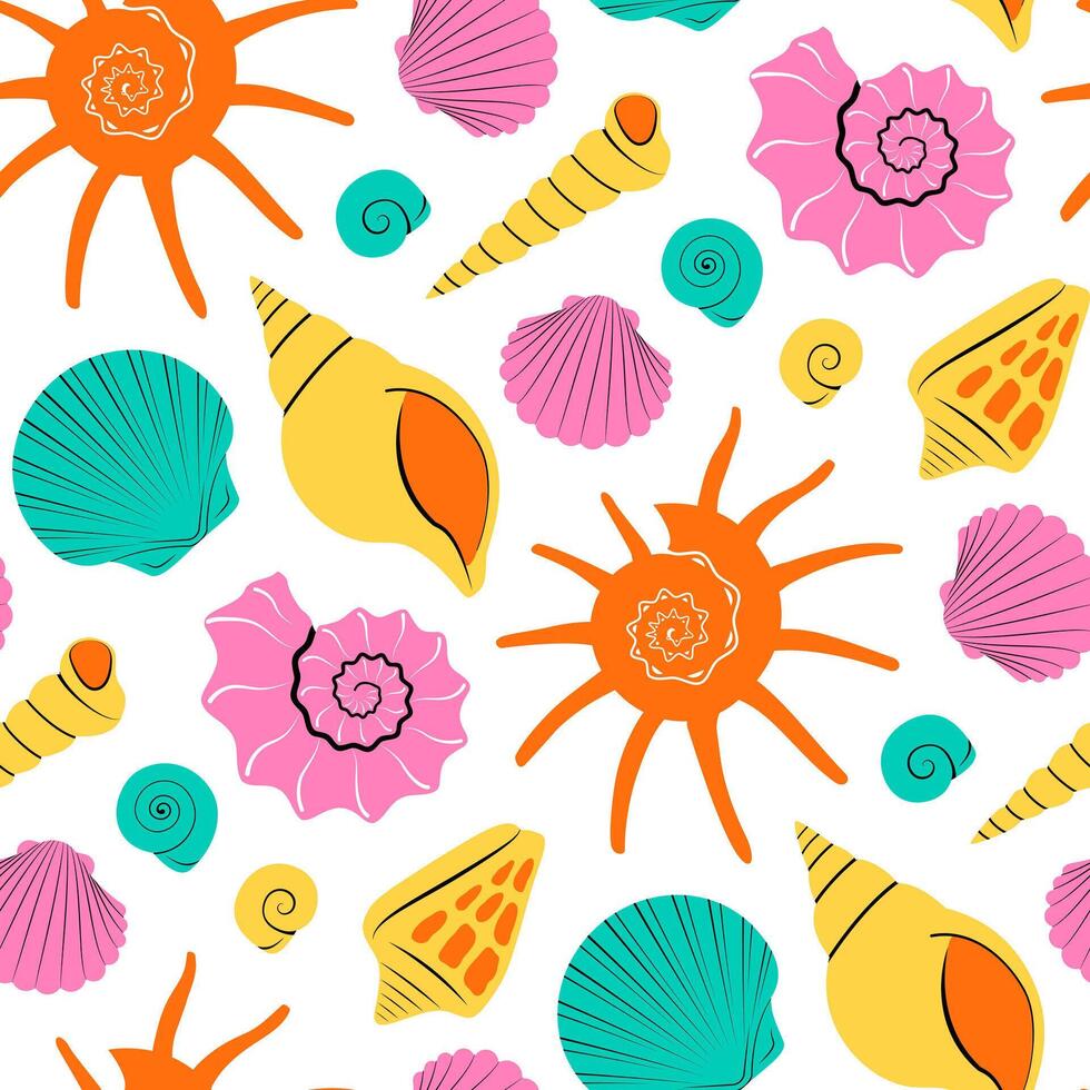 Colorful Sea shells seamless pattern on white background in modern flat style vector