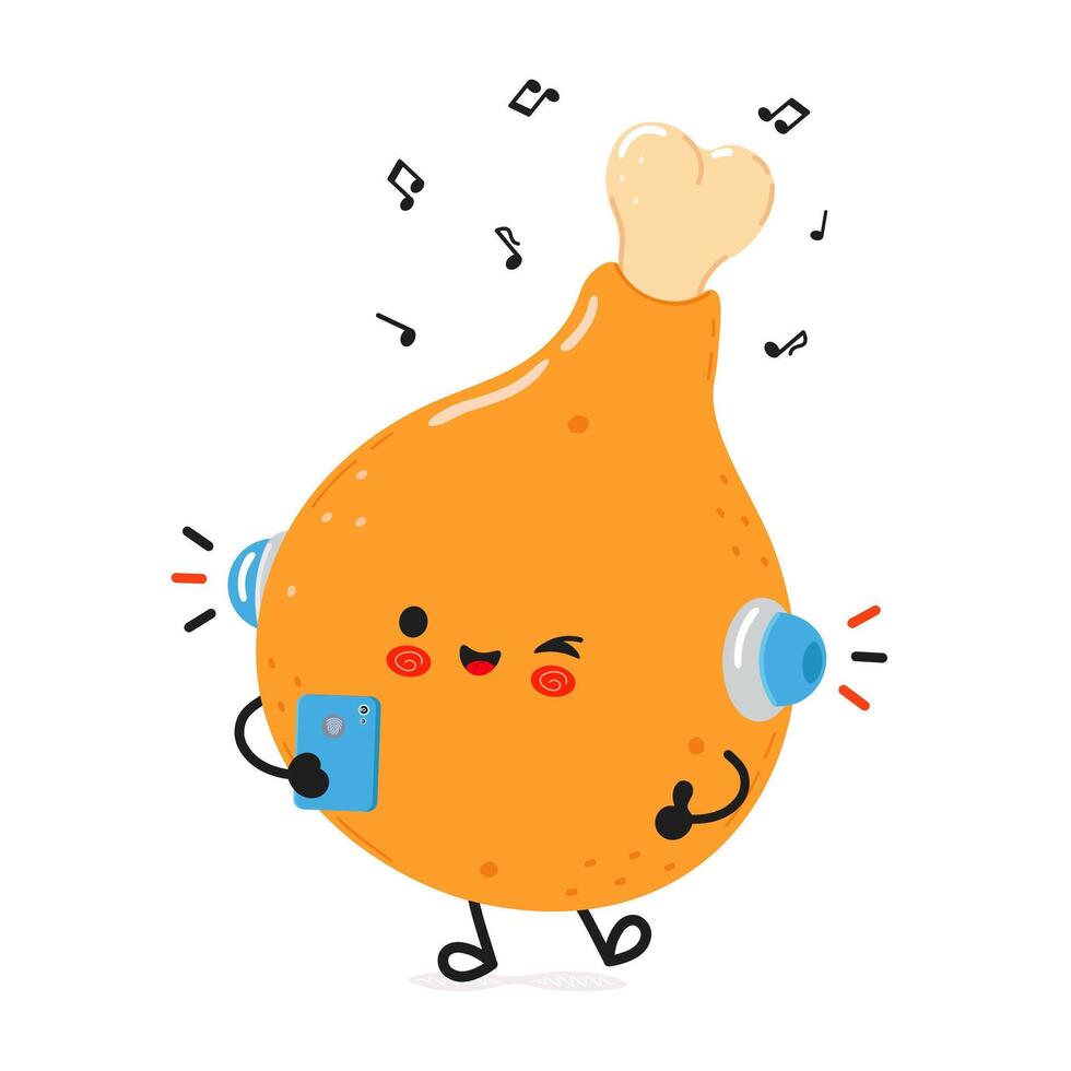 Chicken leg listens to music on headphones with a smartphone. hand drawn cartoon kawaii character illustration icon. Isolated on white background. Chicken leg character concept vector