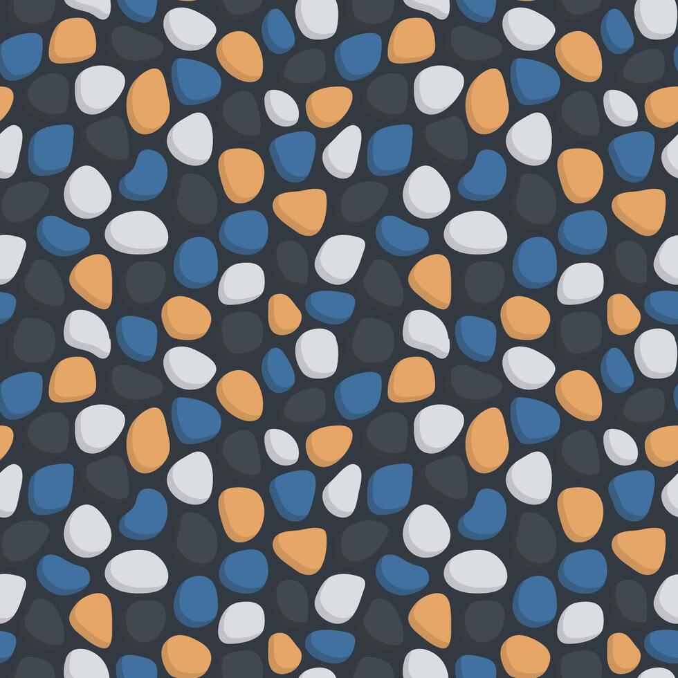 seamless pattern of black, white, blue and orange colored stones on a black background vector