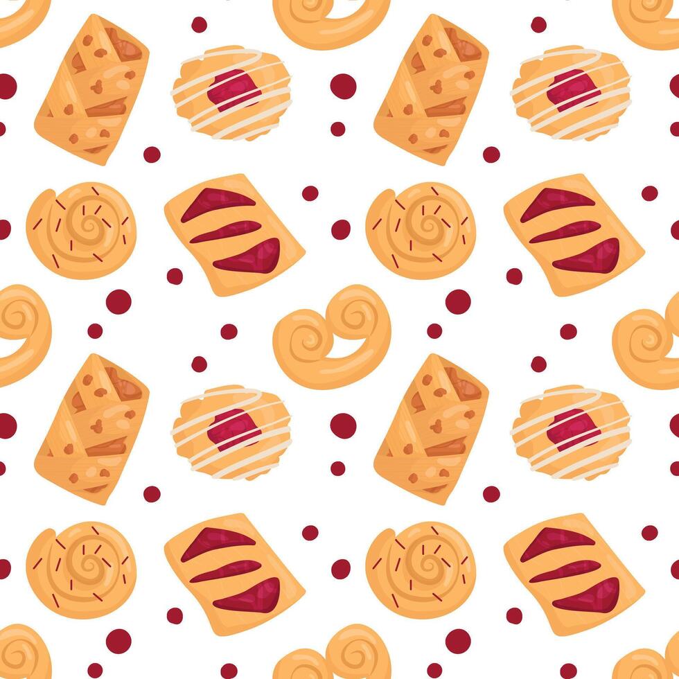 Pattern with sweet buns with berry filling. vector