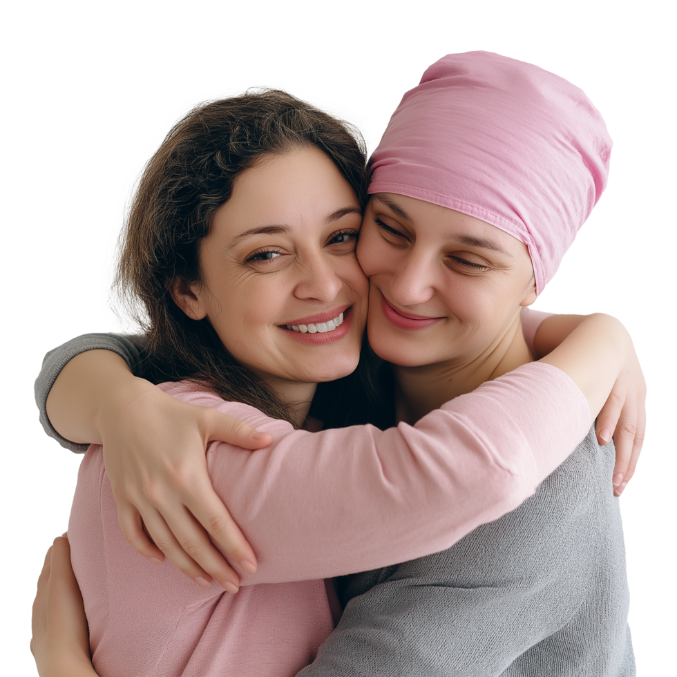 Two women embracing, one with breast cancer in a pink hospital cap, sharing a tender moment, looking at camera isolated on white background png