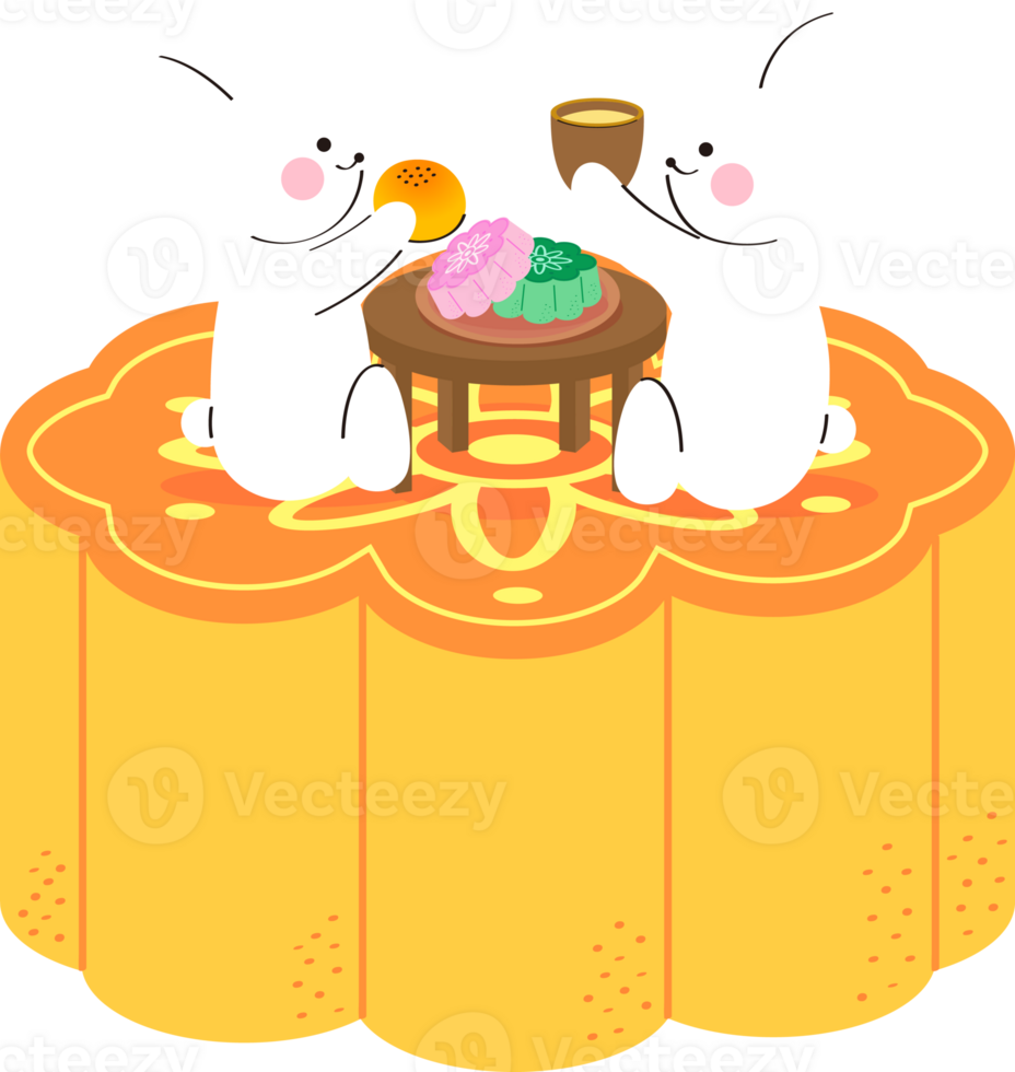 two rabbits sit on a moon cake png