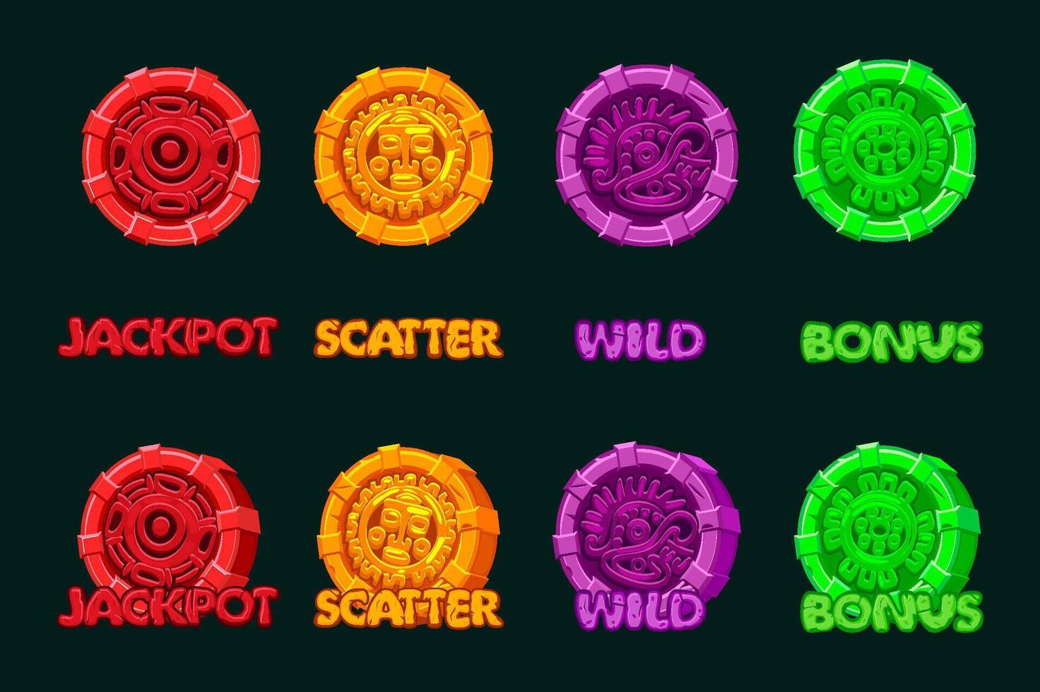 design of symbols of ancient Aztec Civilization, colored hieroglyphs of the Maya calendar. Jackpot, Bonus, Wild and Scatter icons for your slots vector