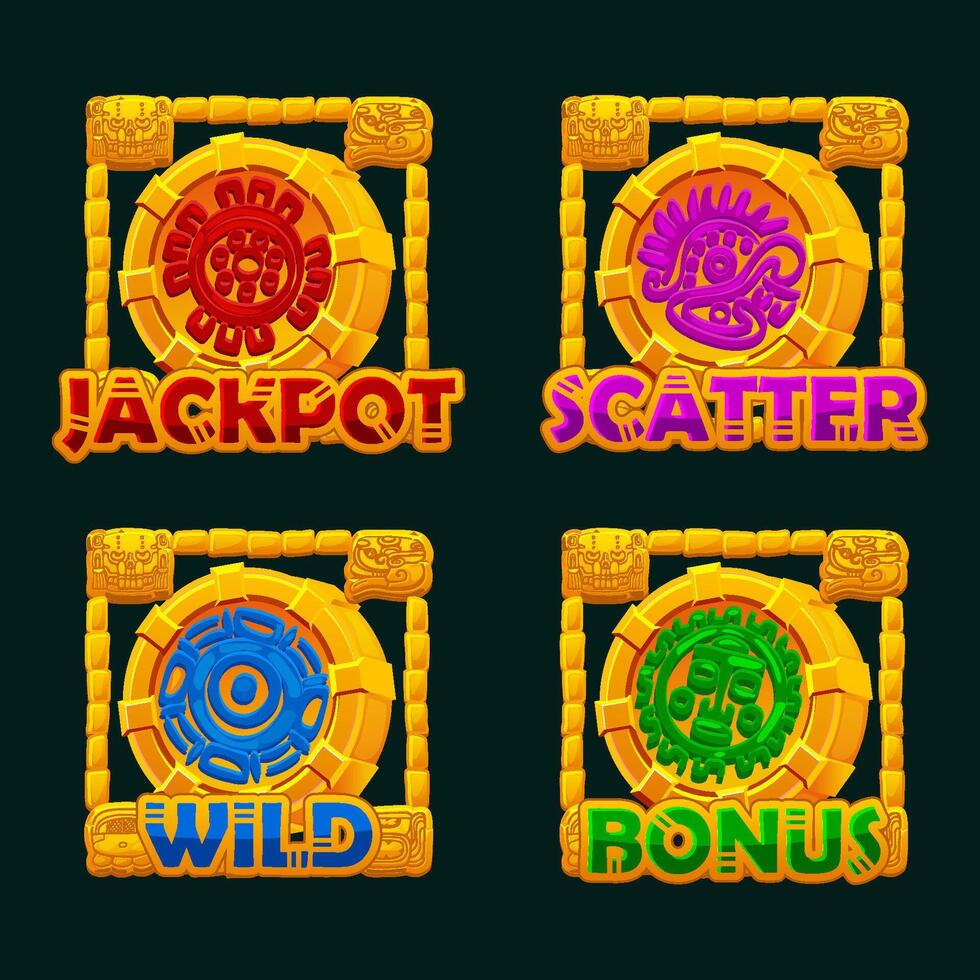 Maya or Aztec symbols in golden frames, colored hieroglyphs of the Maya calendar. Jackpot, Bonus, Wild and Scatter icons for your slots vector