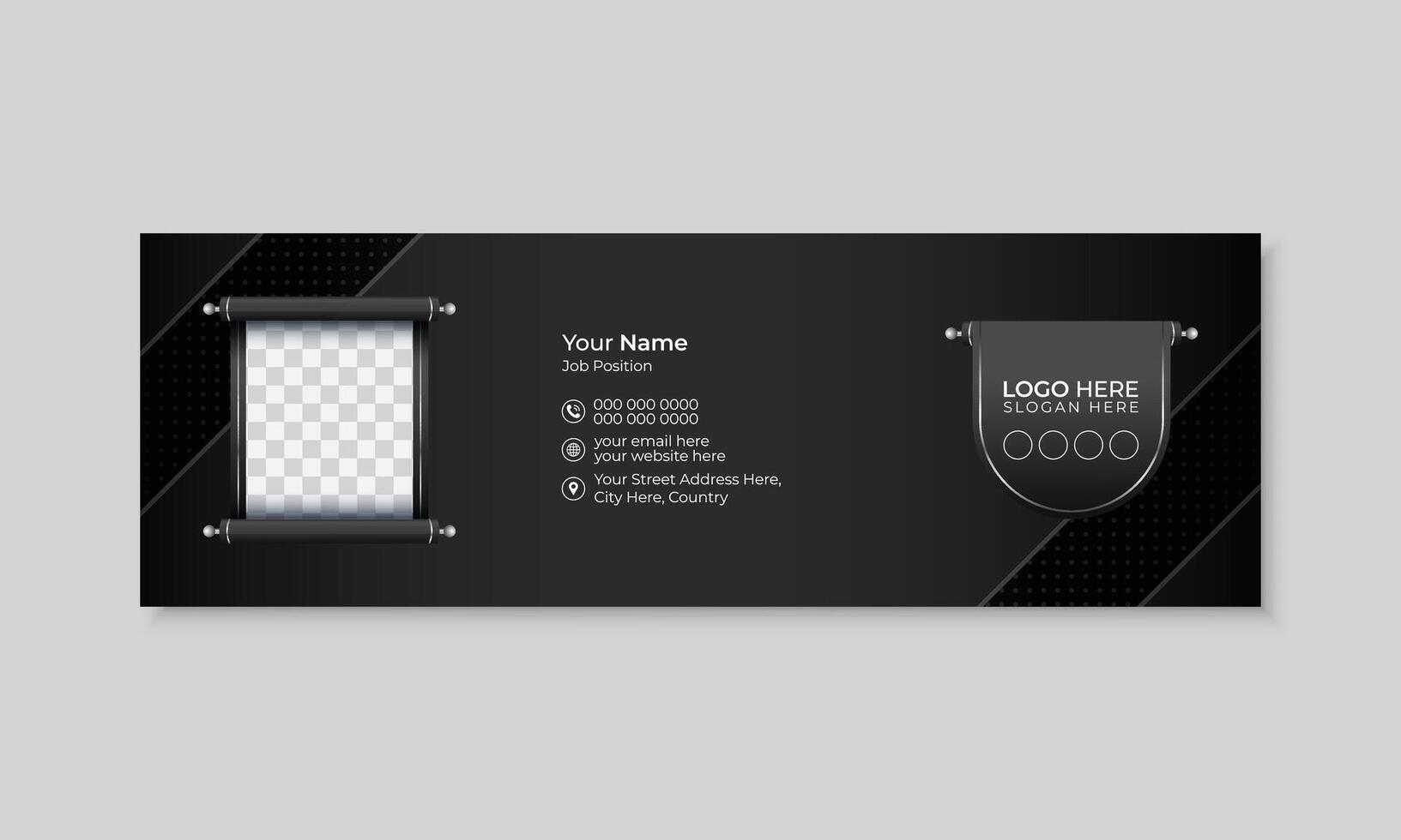 Black creative elegant email signature or email footer design template, New stylish personal social media cover design, e signature with scroll design vector