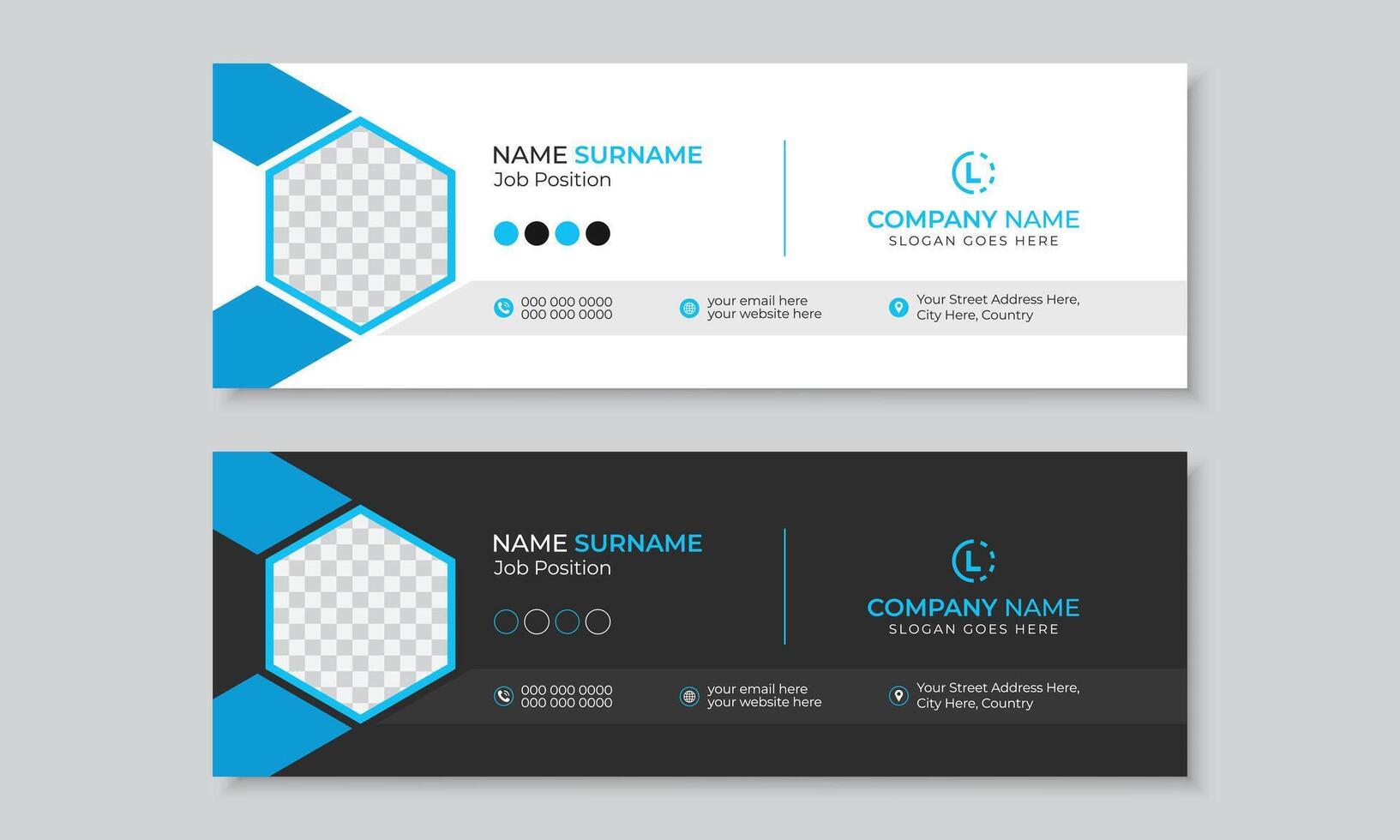 Modern professional email signature or email footer design with blue accents, new creative standard flat personal social media cover, editable banner layout bundle set vector