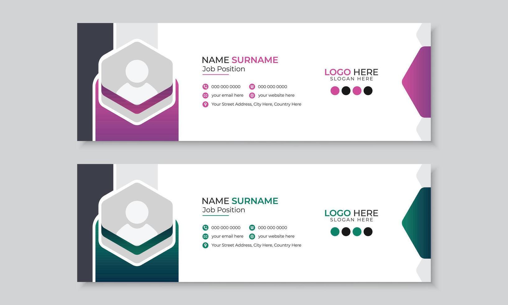 Modern professional email signature or email footer template design, multipurpose corporate business banner layout, creative design in 2 colors bundle set, easy to use and edit vector