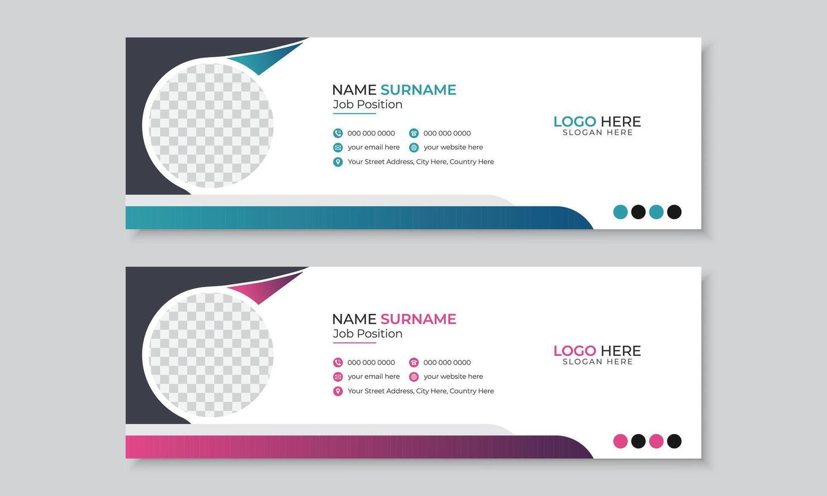 Modern corporate business email signature or email footer design template, professional multipurpose layout design bundle set in 2 gradient colors, creative editable layout, new trendy style vector