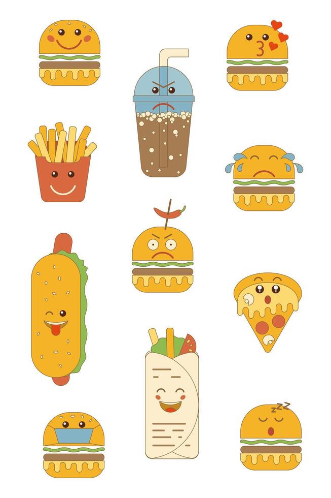 A set of fast food elements in the form of cartoon smiley faces. Flat, vintage, retro style. Suitable for scrapbook design, posters, flyers, banners, stickers, textiles, design. vector