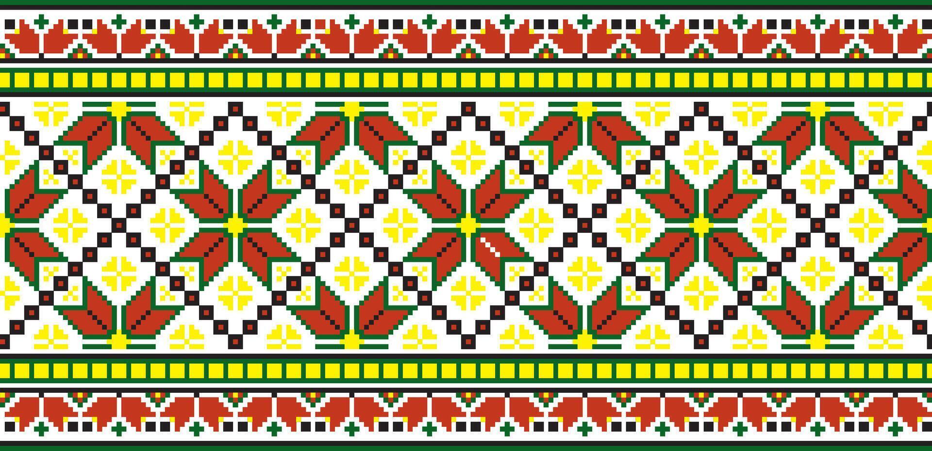 colored seamless Ukrainian national ornament, embroidery. Endless ethnic floral border, Slavic peoples frame. Red cross stitch. vector