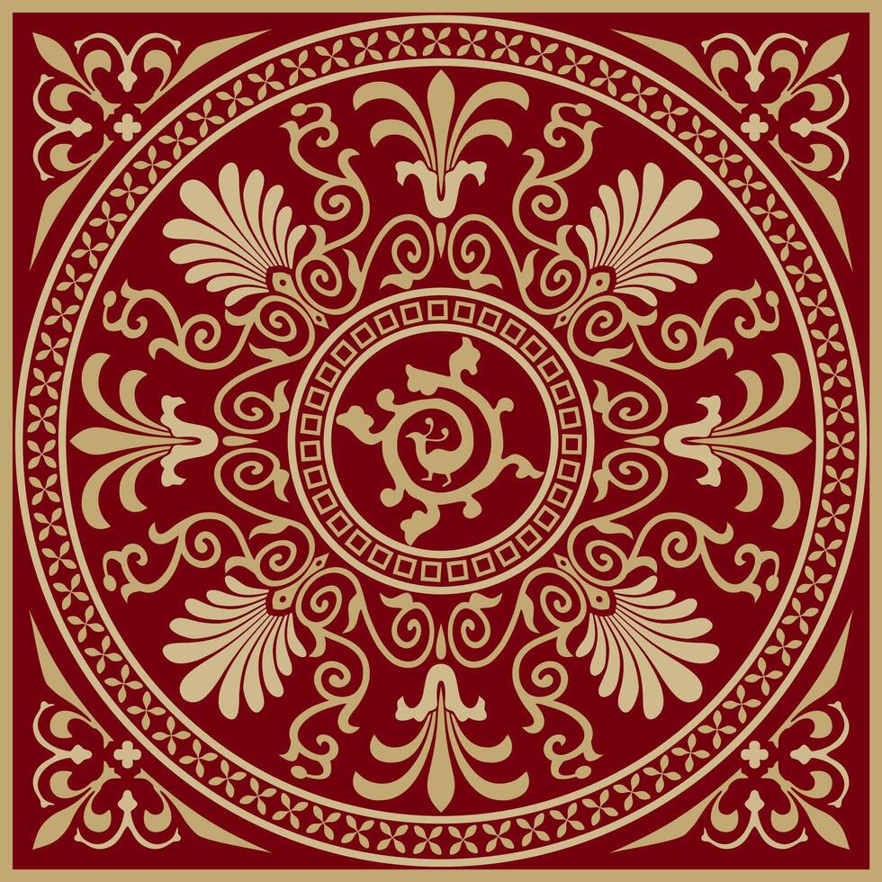 red and gold colored square ornament of ancient Greece. Classic tile pattern of the Roman Empire vector