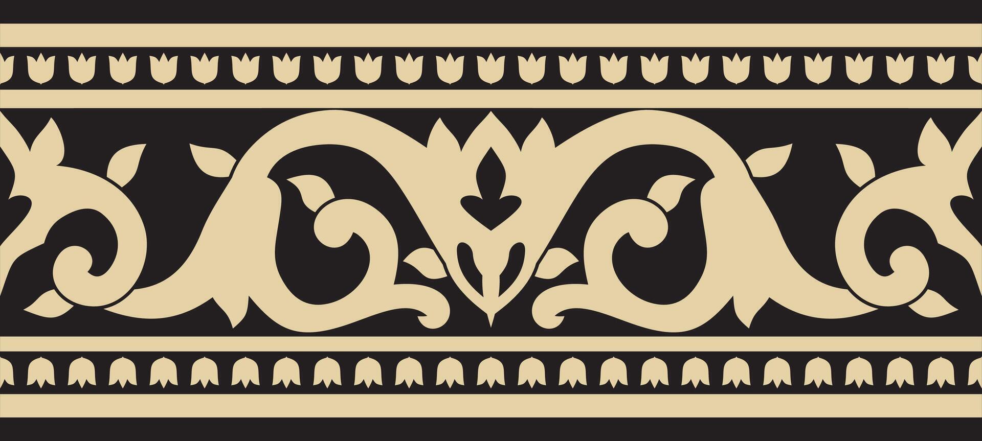 gold and black seamless turkish ornament. Endless ottoman national border, frame. vector