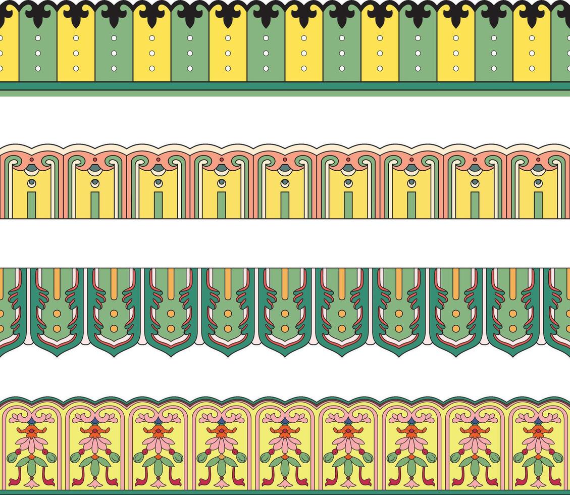 color set of seamless Chinese national borders. Endless ethnic ornaments of the peoples of the East, China, Hong Kong, Taiwan, Korea, Malaysia, Singapore, Vietnam. vector