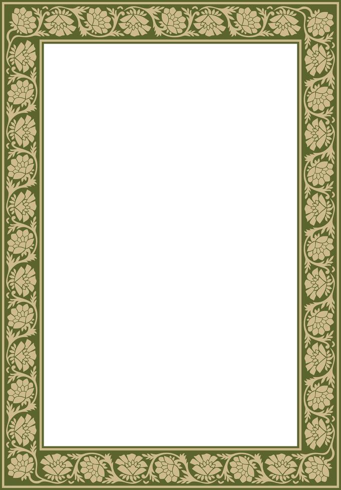 square gold and green Indian national ornament. Ethnic plant border. Flowers frame. Poppies and leaves. vector