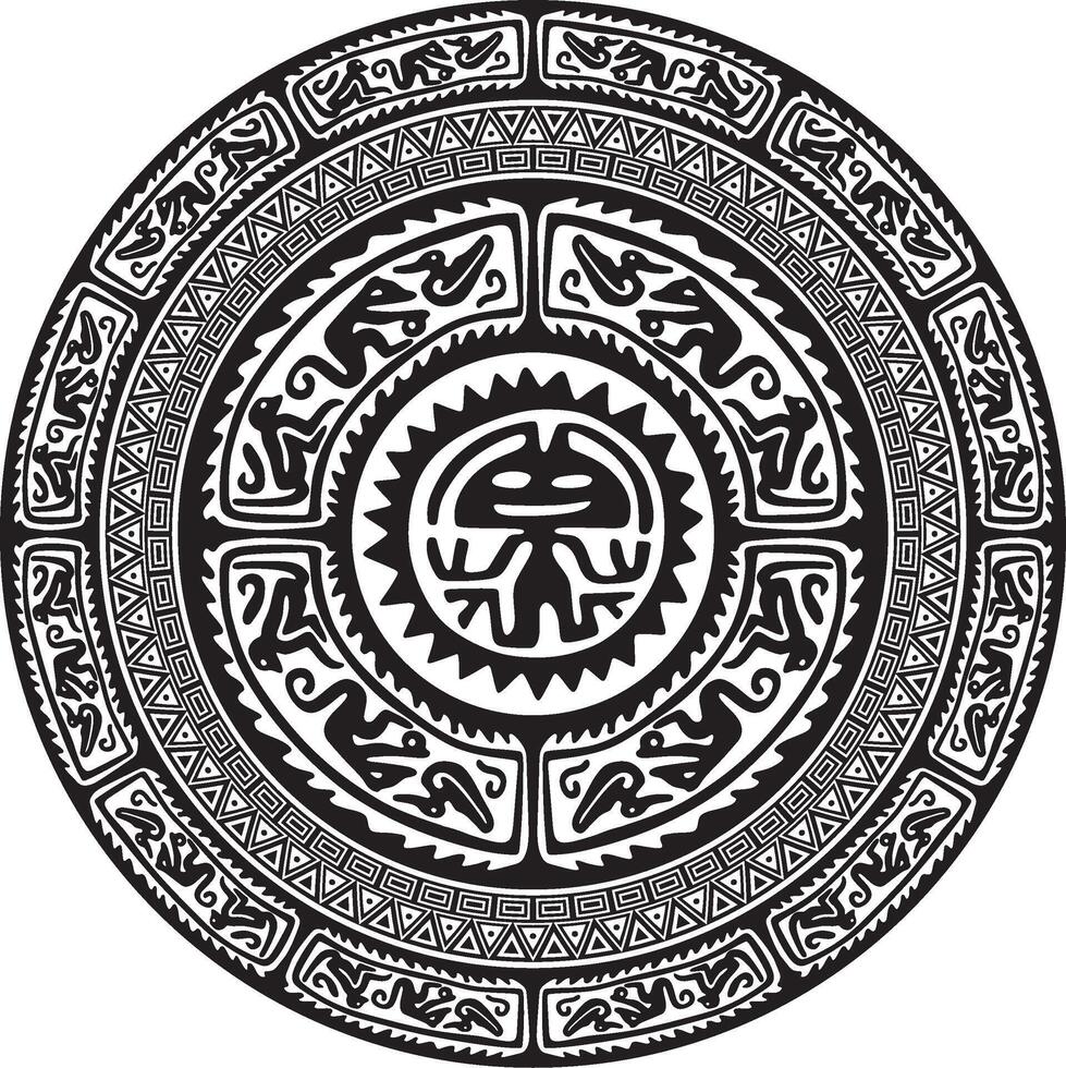 Native American round monochrome pattern. Geometric shapes in a circle. National ornament of the peoples of America, Maya, Aztecs, Incas. vector