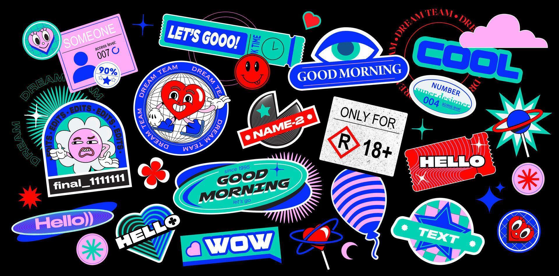 Sticker set in y2k retro style. Vectors pins with smiley faces, text, cartoon comic label patches in bright color. Resource for social media, banners, posters. illustration of 90s graphic design.