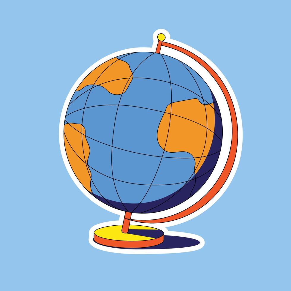 Bright sticker of school globe. Isolated sticker on blue background, illustration in cartoon style. Good match for you design in retro style. vector