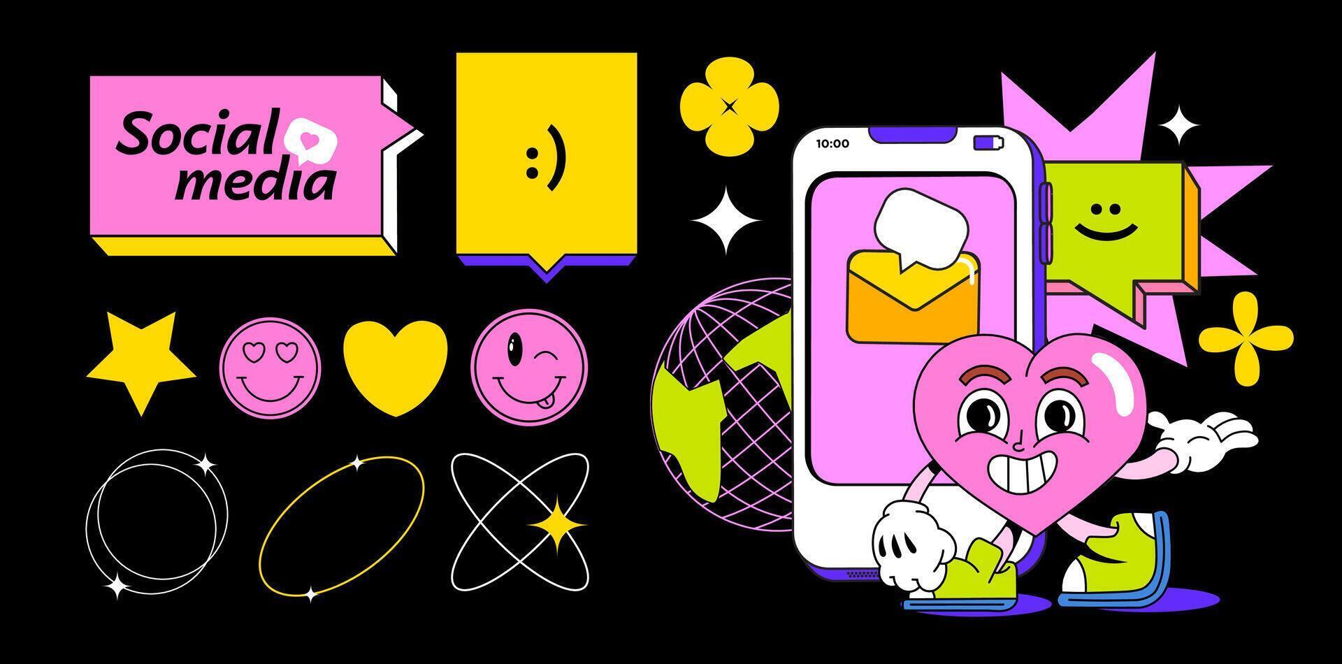 Set for social media platform in flat style. Cartoon character, phone and text bubbles in different shapes. vector