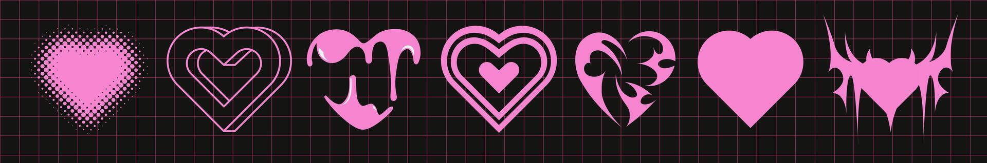 Hearts Collection in different shapes in Y2k trendy style on abstract background. Illustrations of love symbols in retro style. Shapes for posters template, social media, sticker, tattoo. vector