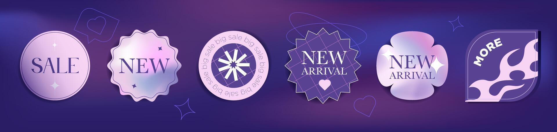 Set of cool stickers New Arrival. Labels of different shapes and colors. Sticker with pastel gradients and modern graphics for your business, promotion and advertising. vector